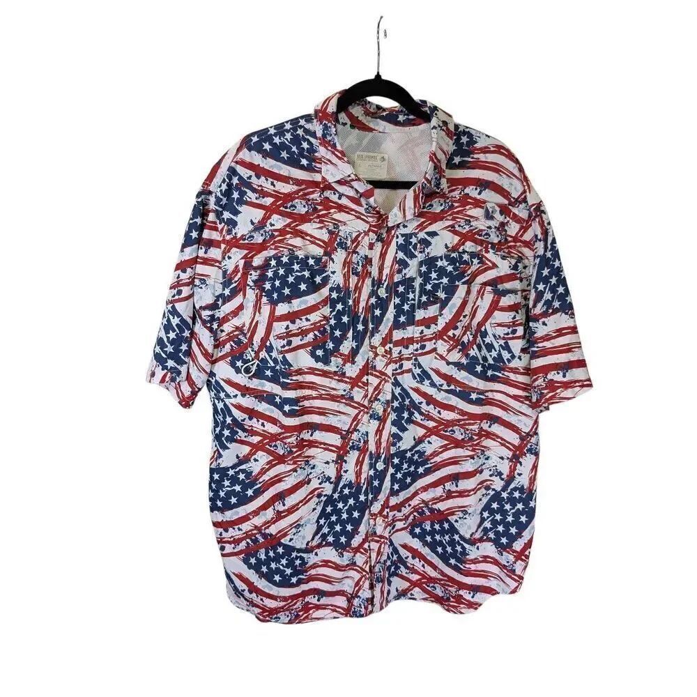 Reel Legends Shirt Blue Flag Print Short Sleeve Button Saltwater Men's Large